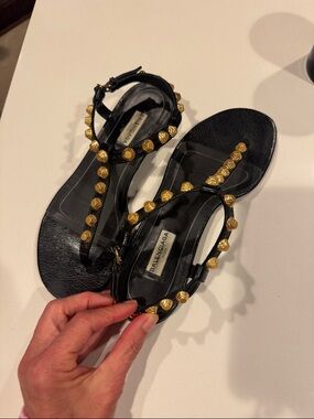 Balenciaga Black Leather T-Strap Sandals with Gold Dome Studs